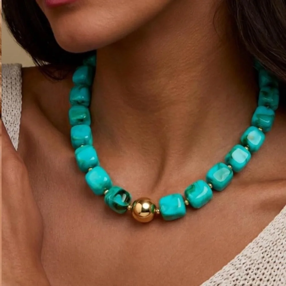 14k Gold Plated Turquoise Marbled Dopamine Beaded Necklace with Gold Accent new